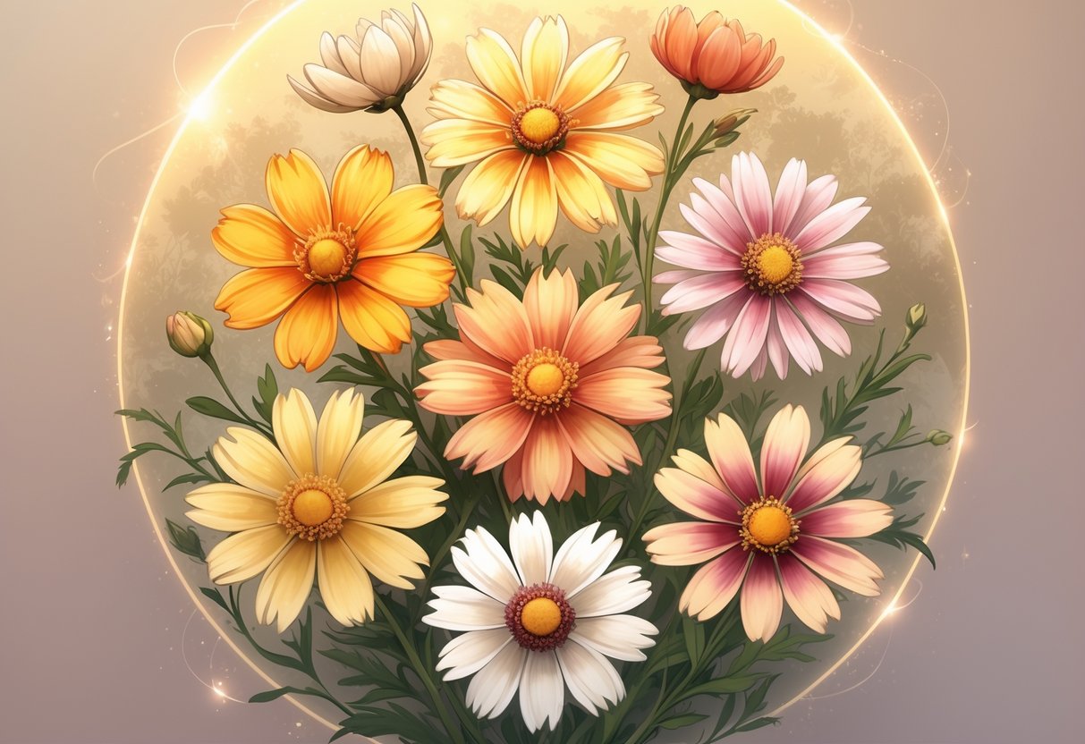 Seven different colored Coreopsis flowers arranged in a circle, each with detailed petals and natural textures, set against a soft warm background with gentle glowing light effects.