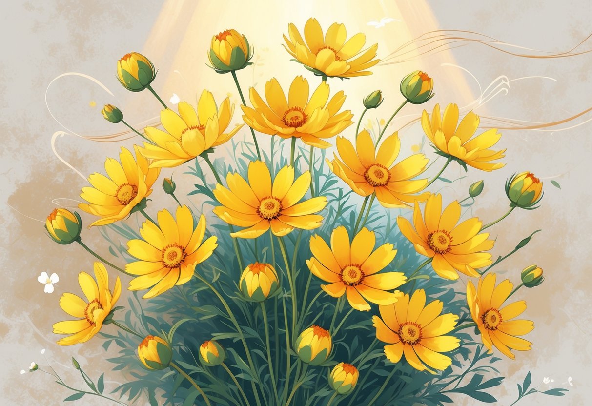 Bright yellow coreopsis flowers with orange centers surrounded by soft natural elements and subtle spiritual symbols.