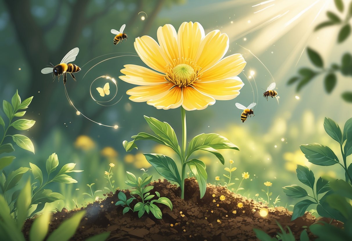 A bright yellow Coreopsis flower blooming with bees and butterflies around it in a garden setting, with soft light highlighting the flower.