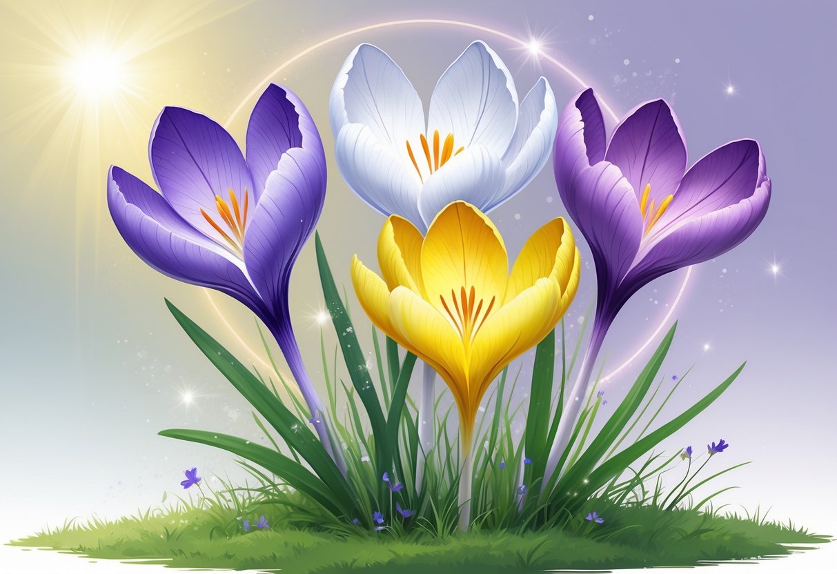 Five colorful crocus flowers blooming in grass with soft light and gentle sparkles around them, symbolizing spiritual meanings.