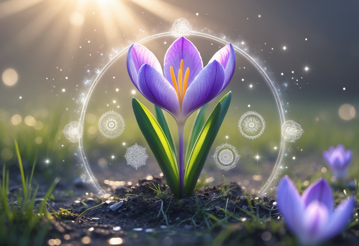 A blooming purple crocus flower with green leaves surrounded by soft glowing light and subtle spiritual symbols in a natural setting.