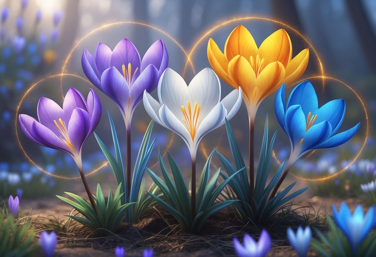 Five colorful crocus flowers in purple, yellow, white, orange, and blue growing together in a garden with soft glowing light around them.