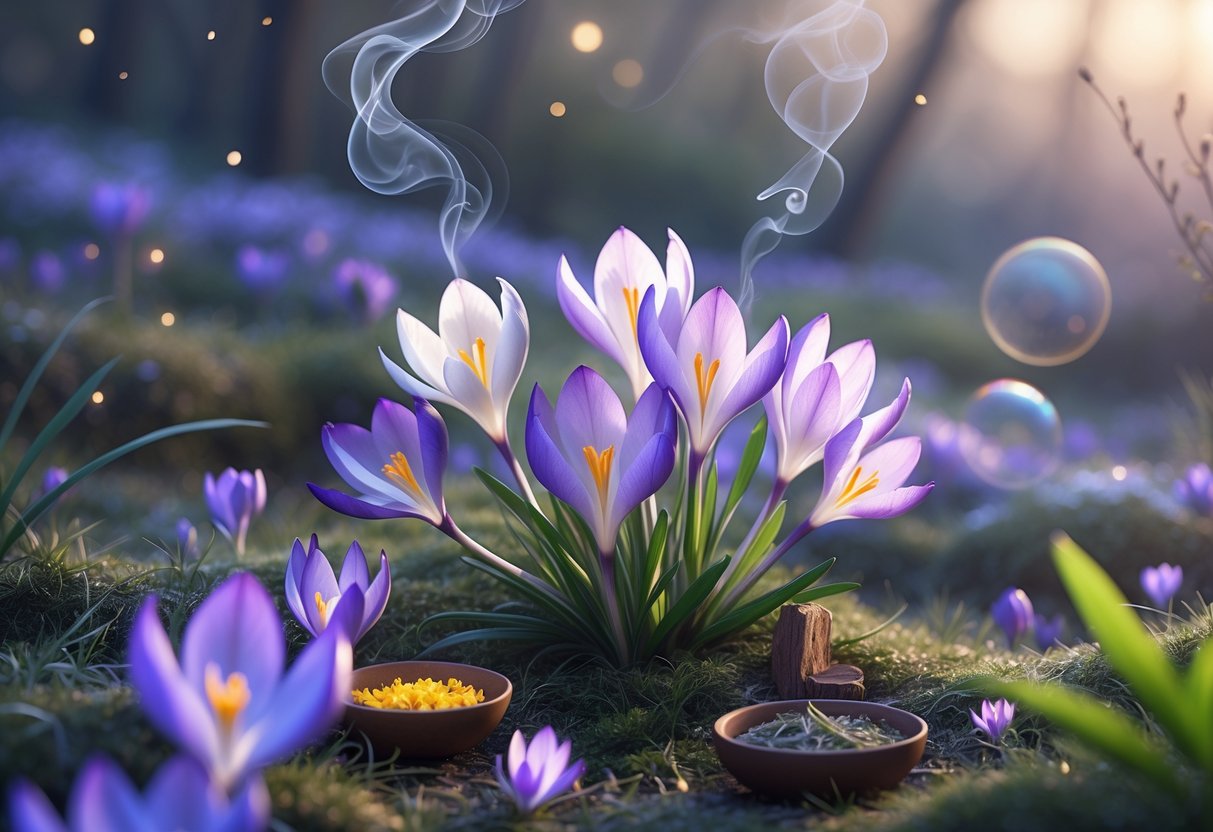 A serene scene featuring blooming crocus flowers surrounded by healing herbs and glowing orbs in a natural setting.