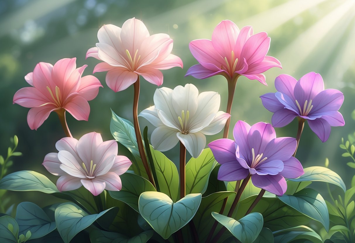 Six colorful cyclamen flowers with green leaves arranged together in a calm, natural setting.