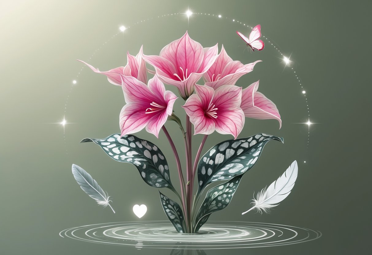 A detailed illustration of a blooming cyclamen flower with heart-shaped leaves, surrounded by subtle symbols like light rays, a butterfly, feathers, a glowing heart, and water ripples representing spiritual meanings.