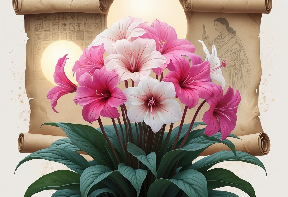 A cluster of vibrant cyclamen flowers surrounded by glowing orbs and ancient scrolls, symbolizing their spiritual and cultural significance.