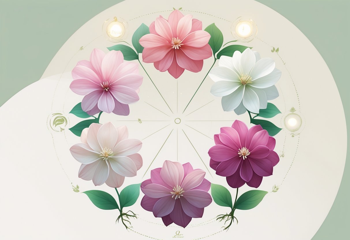 Six cyclamen flowers arranged in a circle, each surrounded by soft glowing light and natural elements like leaves and water patterns, symbolizing spiritual meanings.