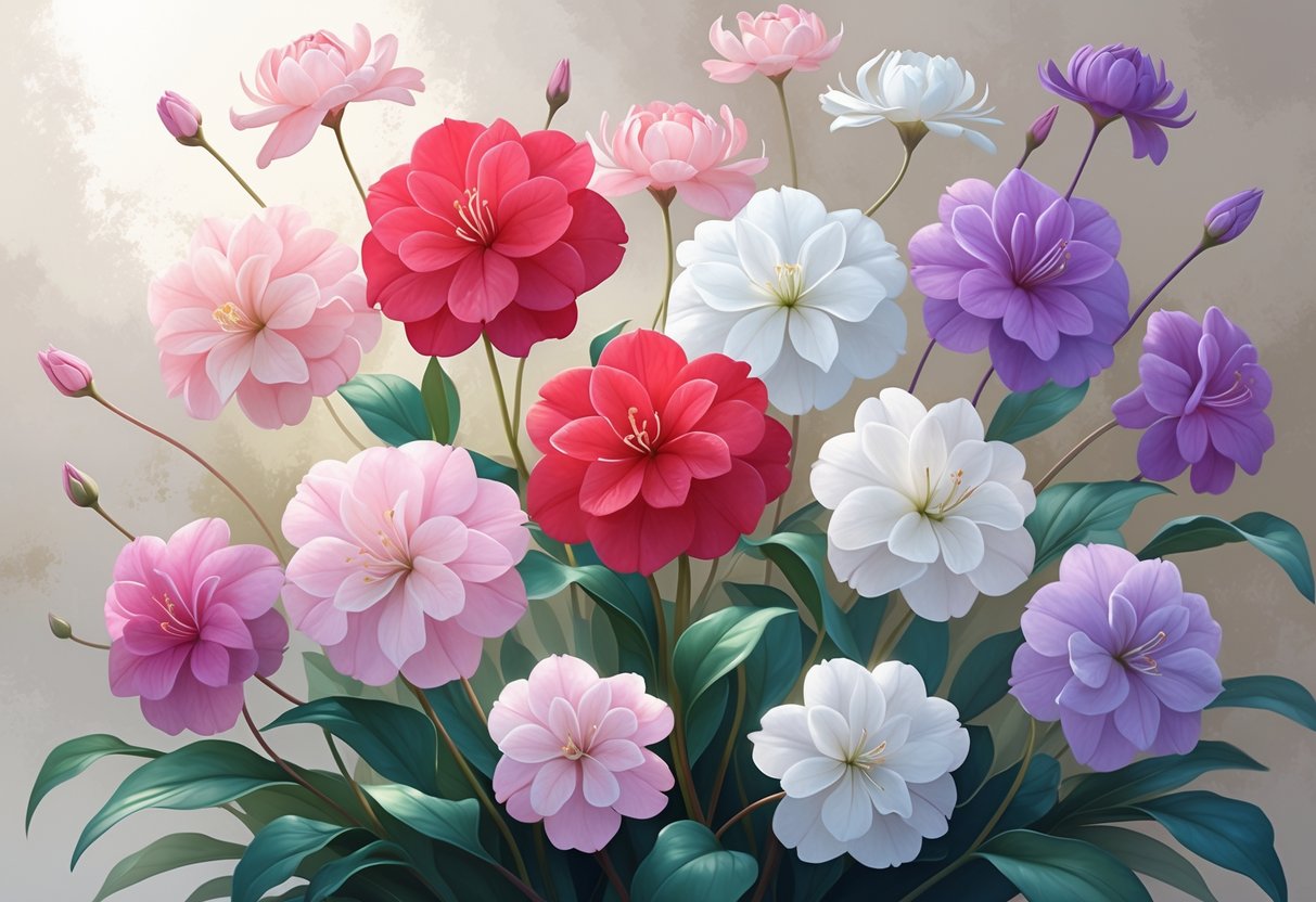 A detailed illustration of several cyclamen flowers in pink, red, white, and lavender colors with green leaves on a neutral background.