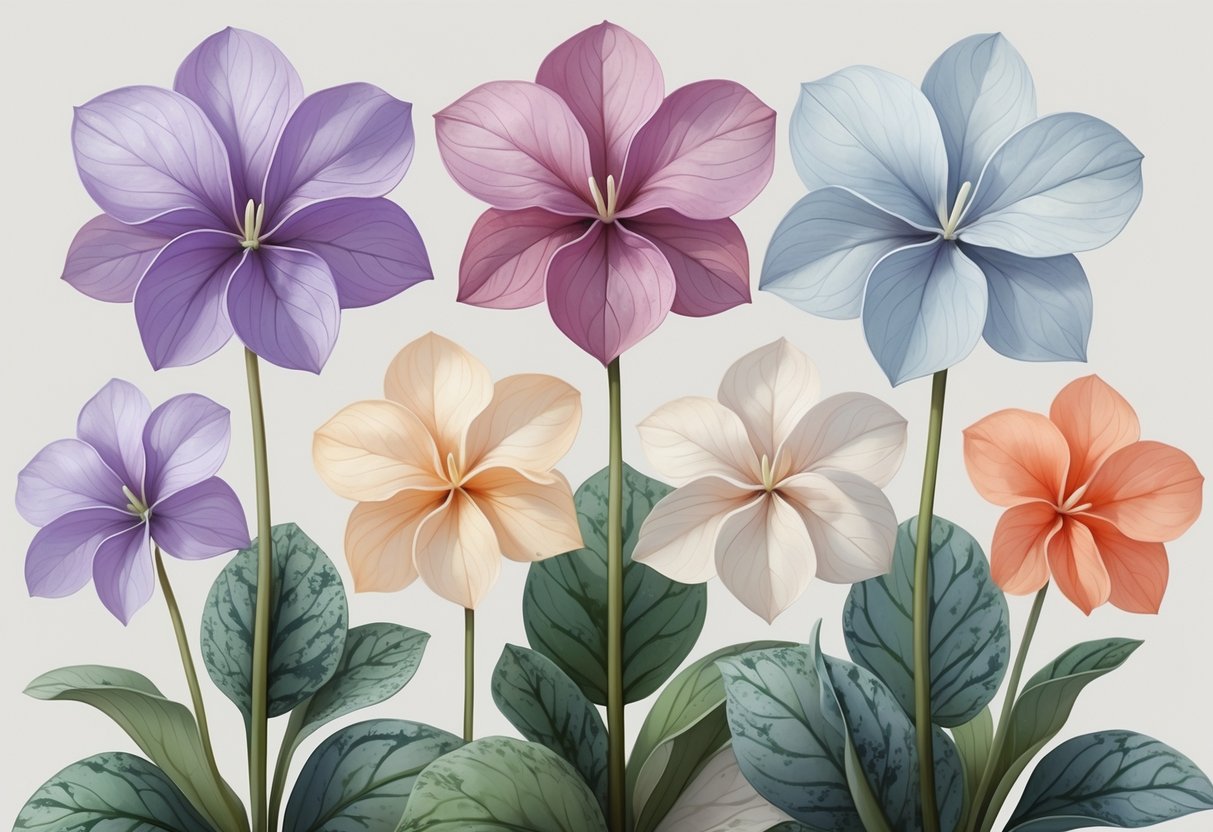 Six cyclamen flowers in different soft colors with green variegated leaves arranged naturally on a clean background.