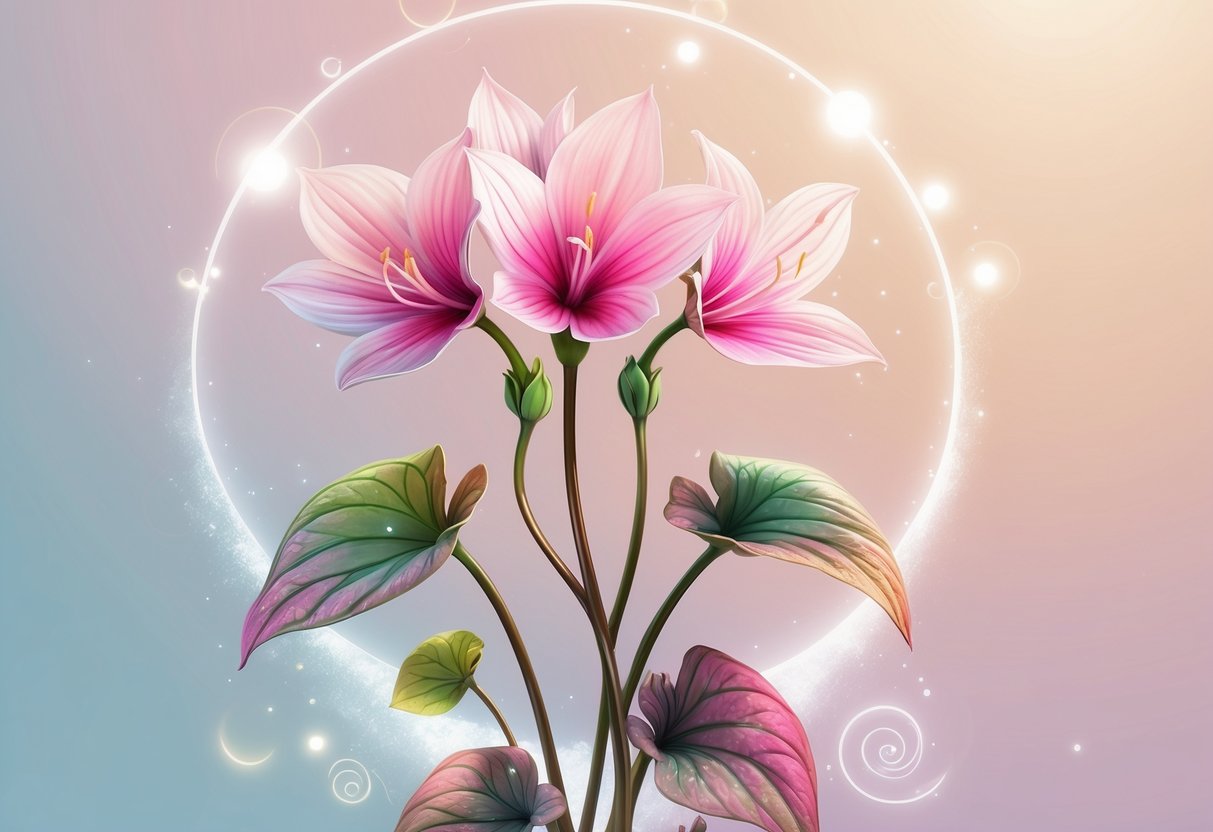 A blooming cyclamen flower with pink and white petals surrounded by soft glowing light and gentle spirals on a pastel background.