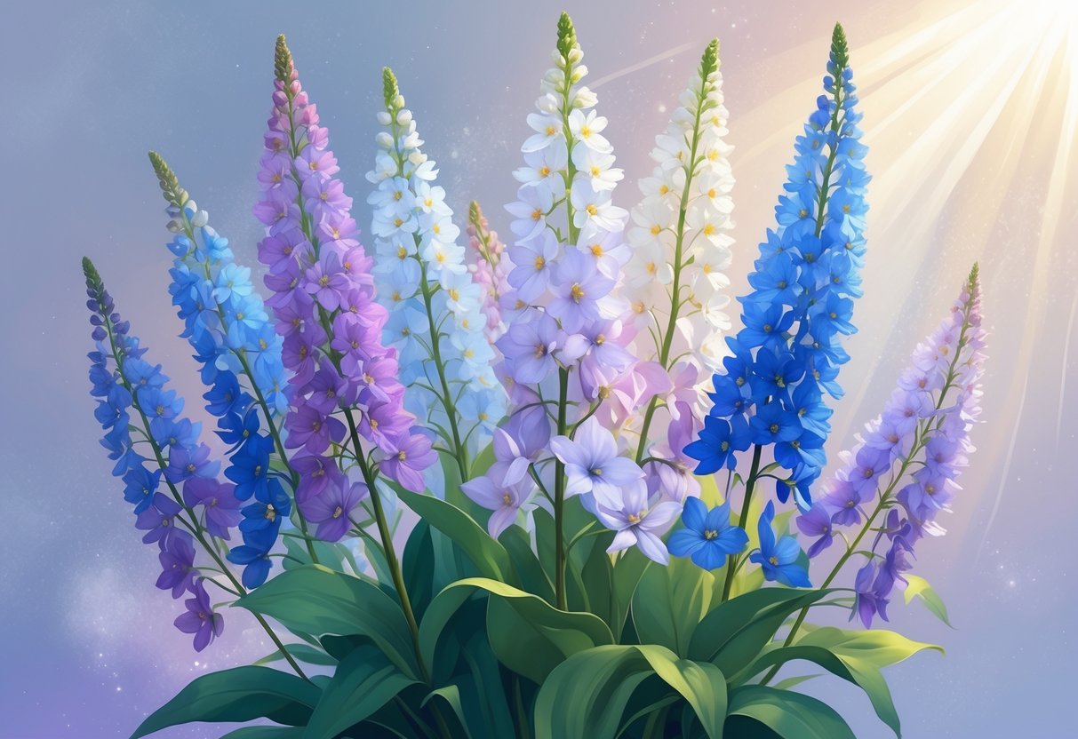 A bouquet of blue, purple, and white delphinium flowers with green leaves against a soft, light background.