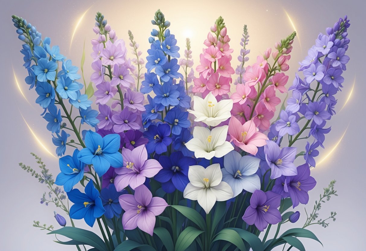 A group of colorful delphinium flowers in blue, lavender, white, pink, and purple, arranged with soft glowing light effects symbolizing calmness and positivity.