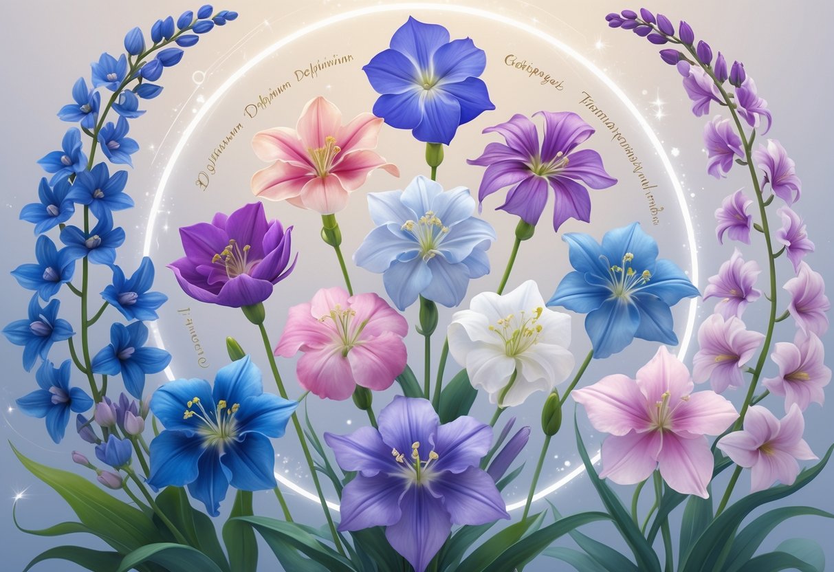 Eight different varieties of delphinium flowers arranged together with glowing auras and symbolic motifs around each, set against a soft, light background.