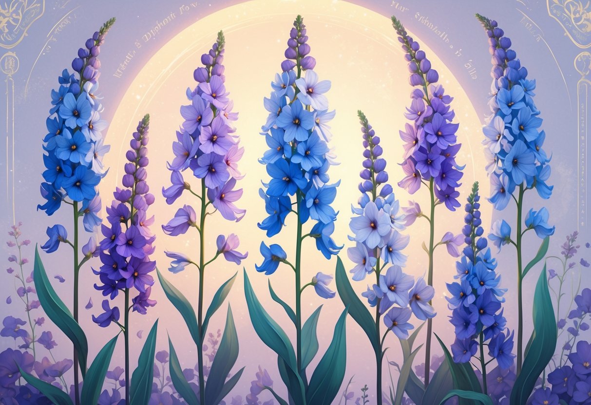 Eight vibrant Delphinium flowers arranged naturally with a soft glowing background and subtle spiritual symbols.