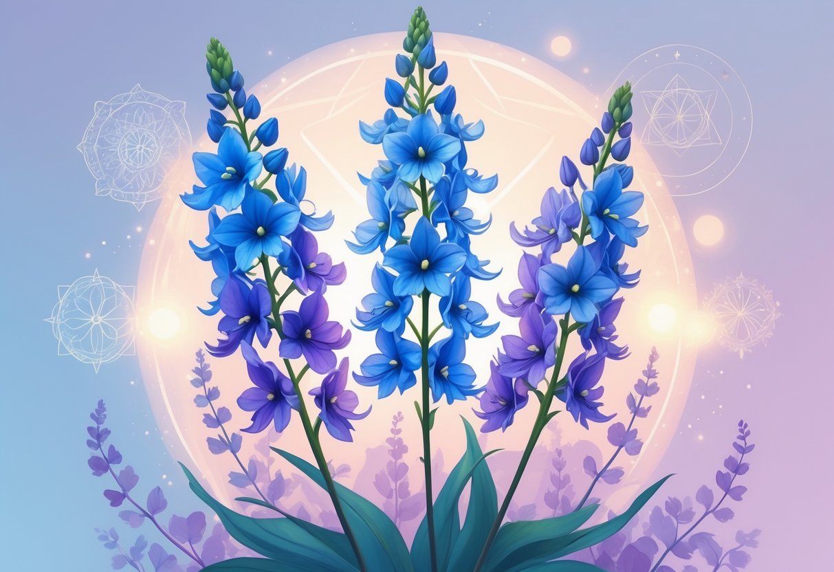 A cluster of blue and purple delphinium flowers glowing softly with ethereal light against a pastel gradient background with faint spiritual patterns.