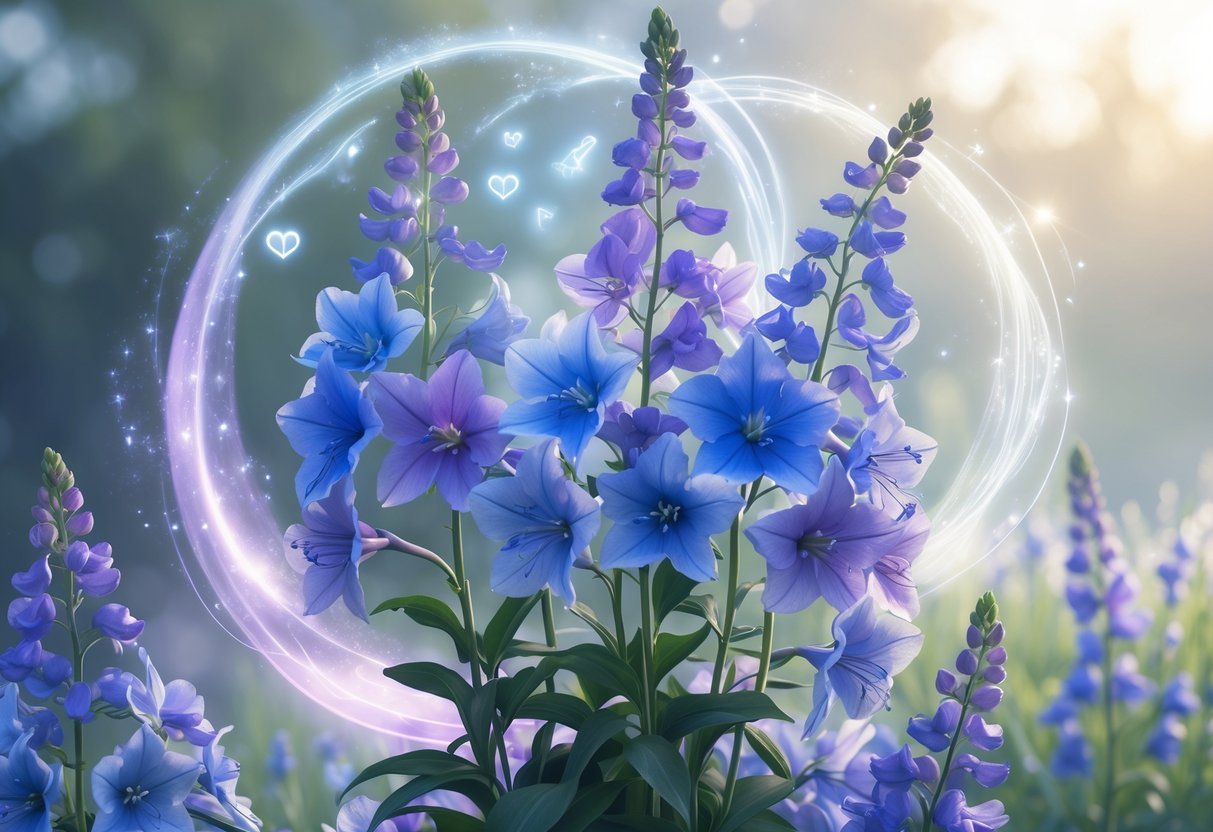 A peaceful scene showing blue and purple delphinium flowers surrounded by glowing spiritual light and floating light orbs in a natural setting.