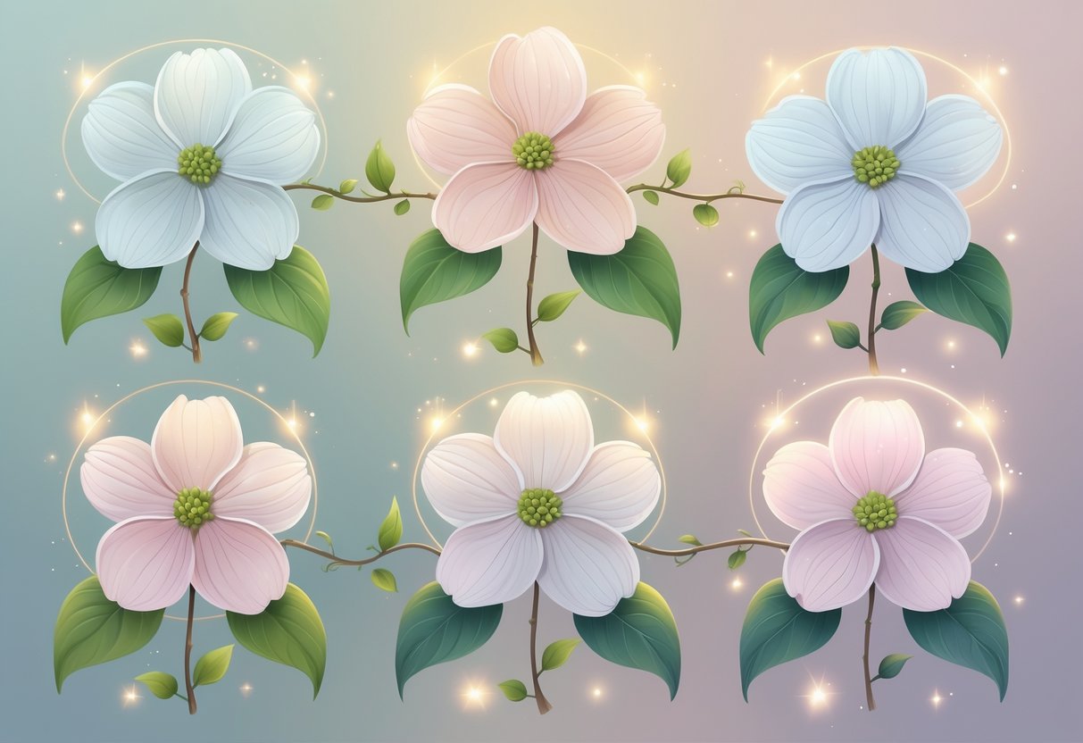 Five dogwood flowers with white and pink petals and green leaves arranged together with soft glowing light around them, symbolizing spiritual meanings.