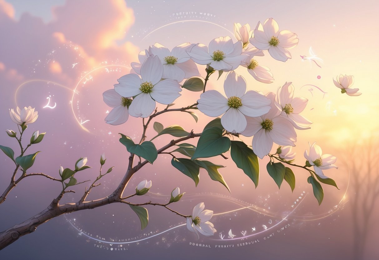 A blooming dogwood tree branch with white and pink flowers glowing softly against a warm sunrise sky, surrounded by faint spiritual symbols.