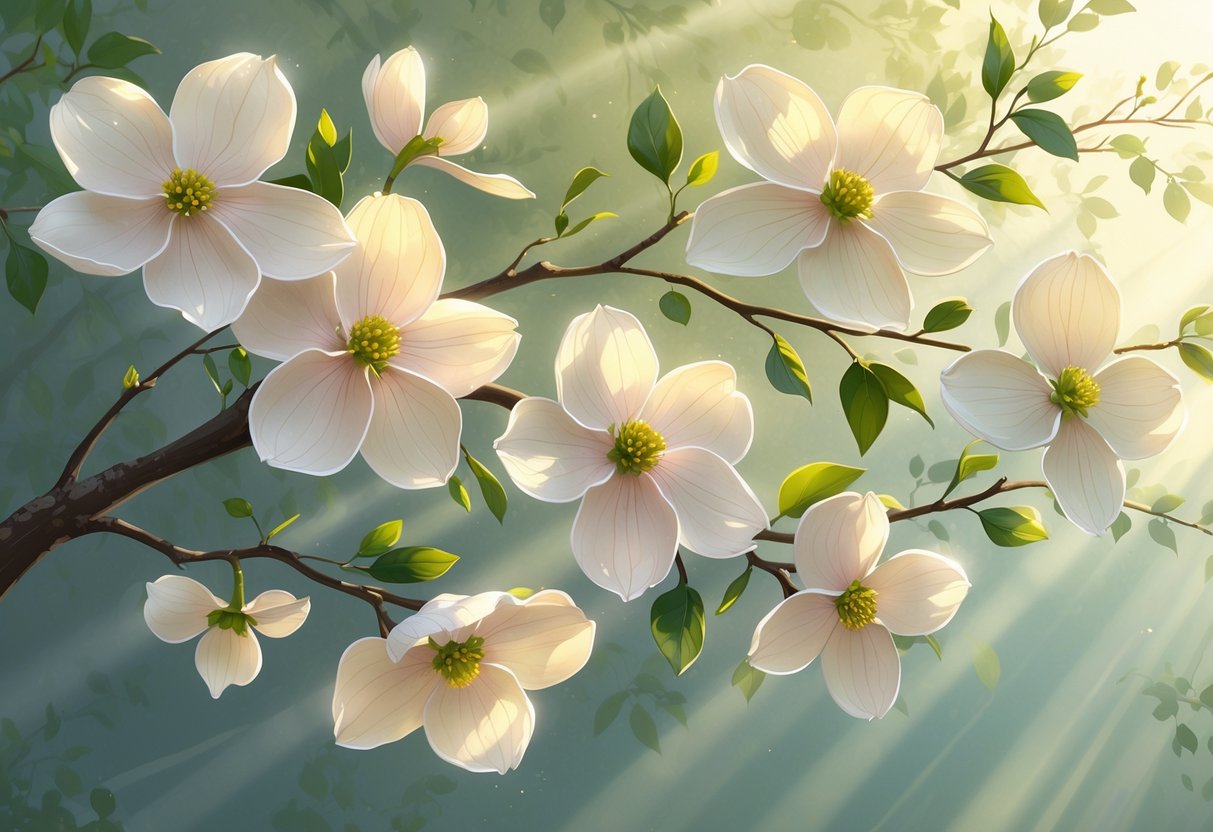 Five blooming dogwood flowers on branches with green leaves, symbolizing growth and renewal.