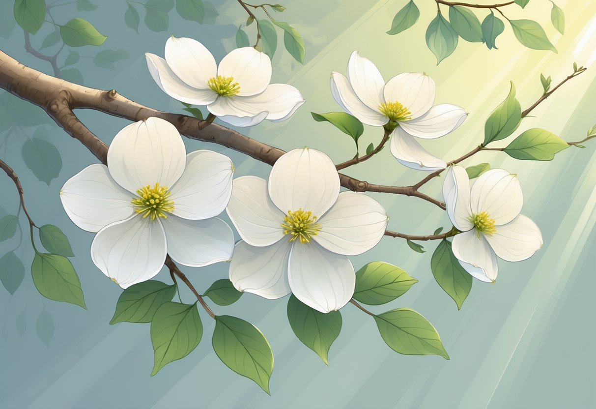 Five blooming dogwood flowers on branches with soft white and pink petals against a calm blue-green background.