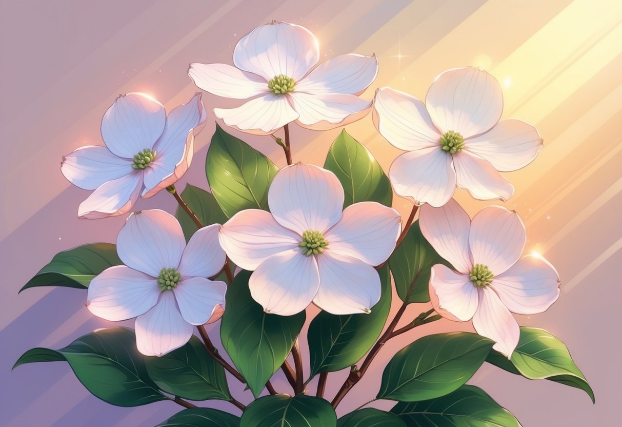 Five white and pink dogwood flowers with green leaves arranged together against a soft warm background.