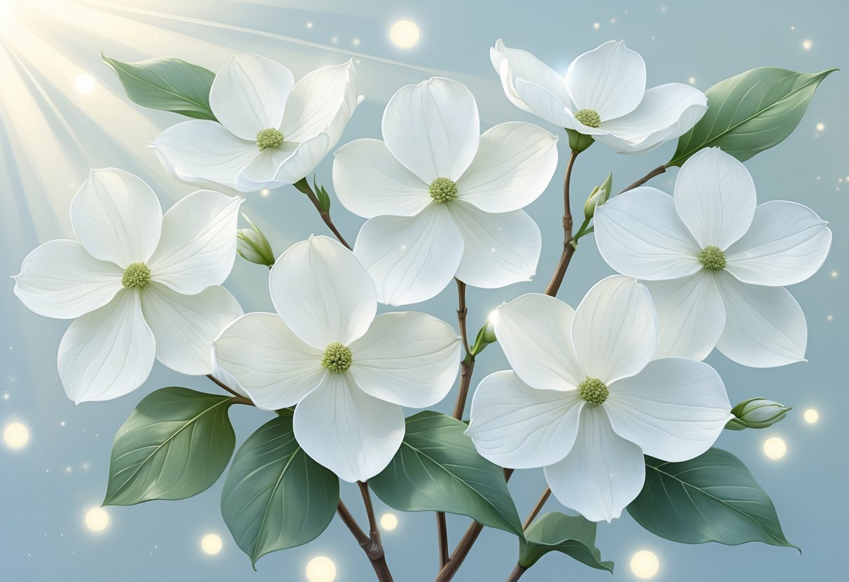 Five white dogwood flowers with green leaves against a soft blue background with gentle glowing light effects.