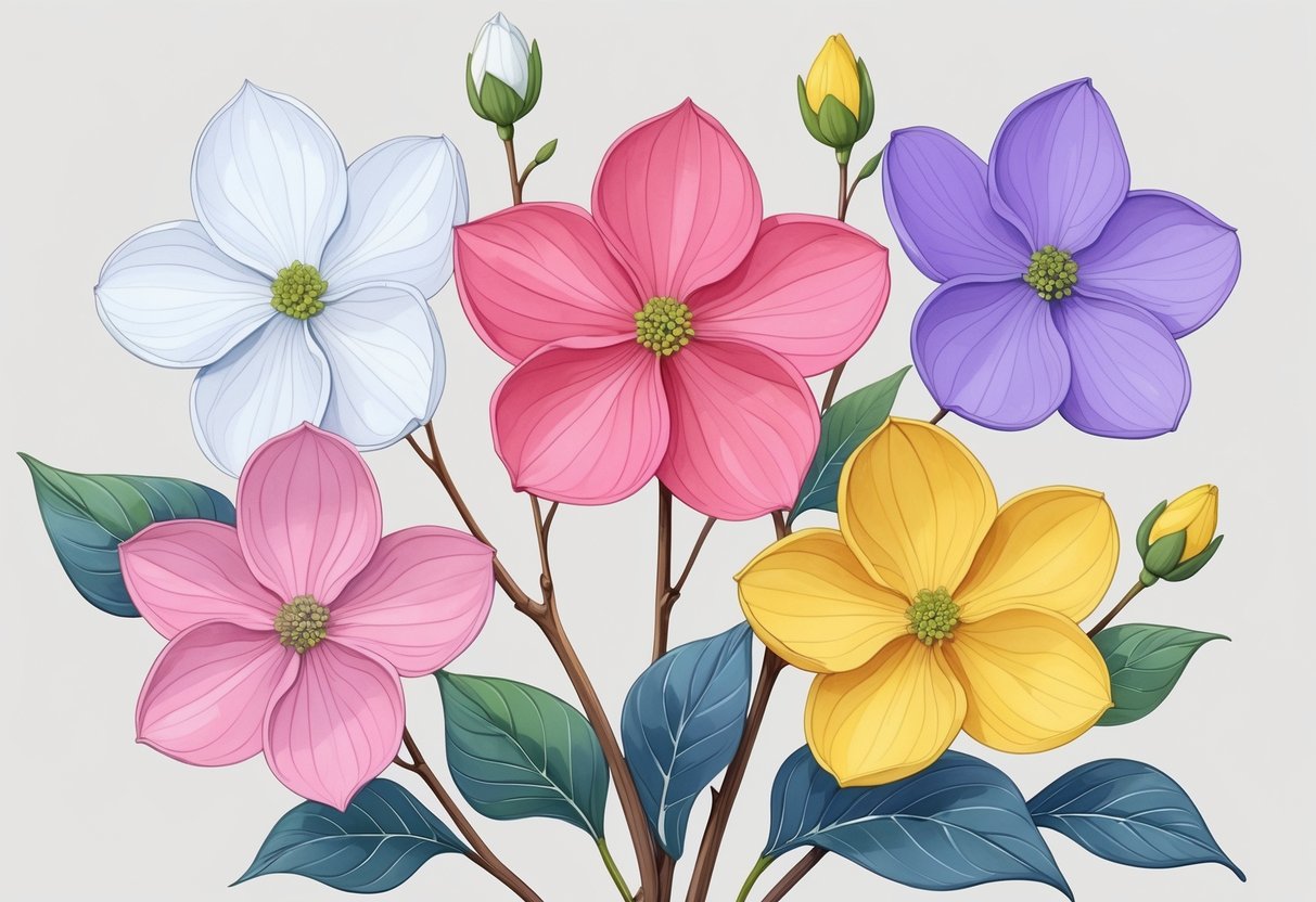 Five dogwood flowers in white, pink, red, yellow, and purple arranged together with green leaves on clean background.