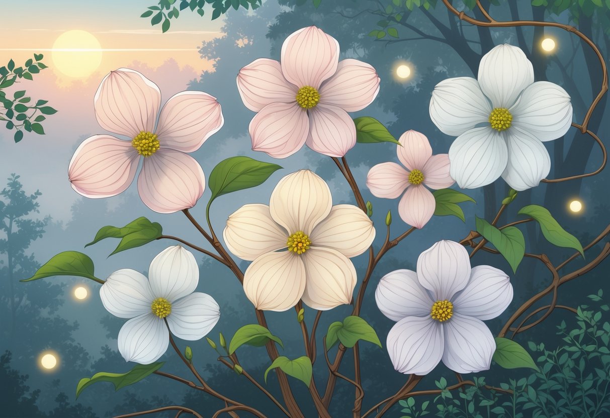 Five dogwood flowers with white and pink petals arranged together in a peaceful natural setting with soft light and subtle symbols of spirituality around them.