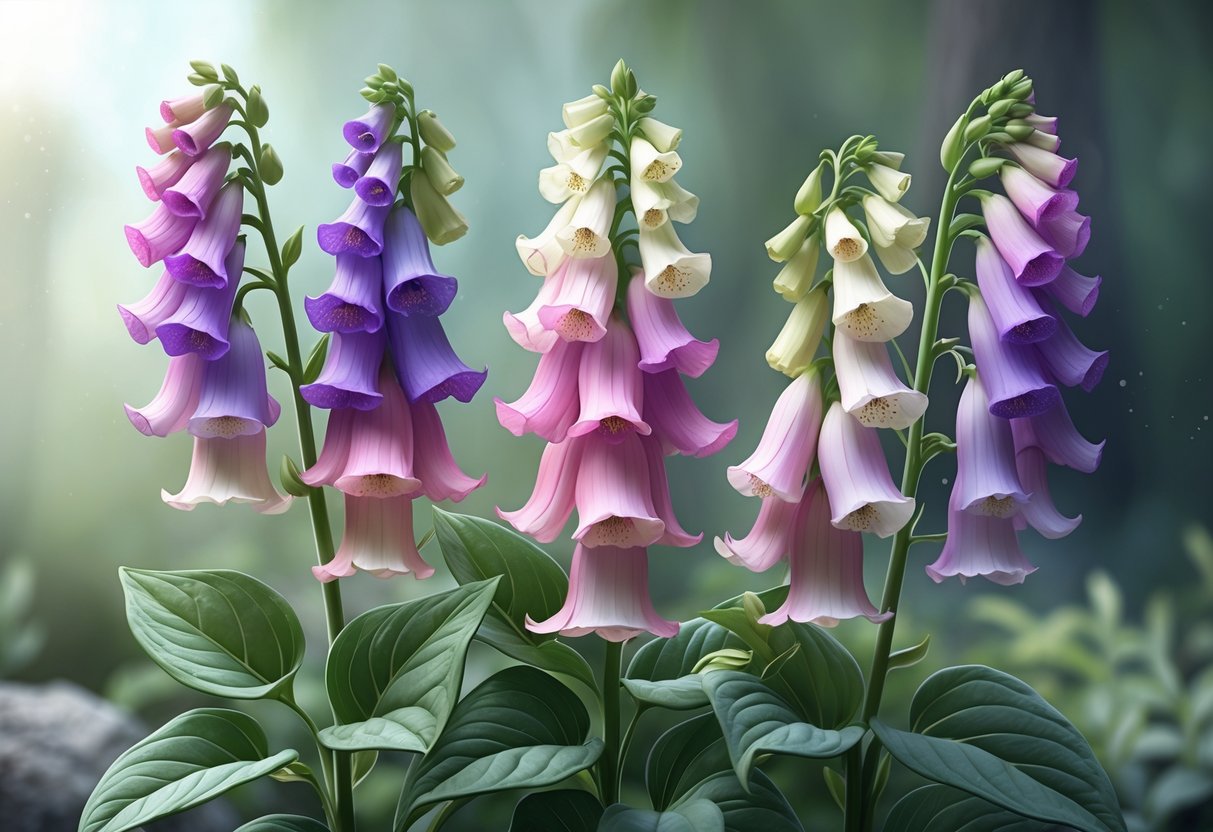 Nine foxglove flowers with purple, pink, and white petals surrounded by green leaves in a natural setting with soft light.