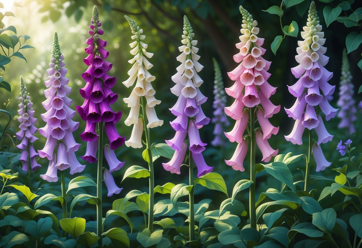 Nine blooming foxglove flowers with green leaves in a sunlit garden, symbolizing fertility and growth.