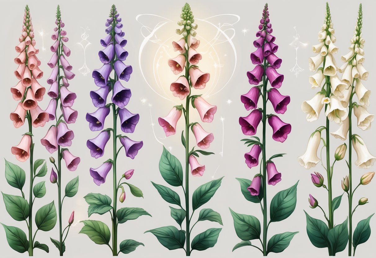 Nine different foxglove flowers with varied colors and shapes arranged together, each surrounded by a soft glowing light on a plain background.