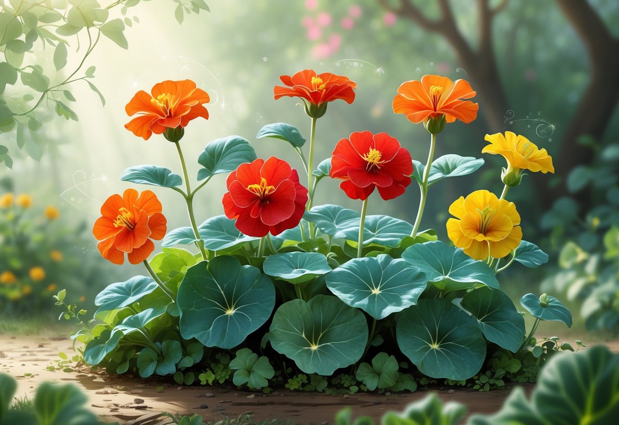 Eight colorful Garden Nasturtium flowers with green leaves arranged in a peaceful garden setting.
