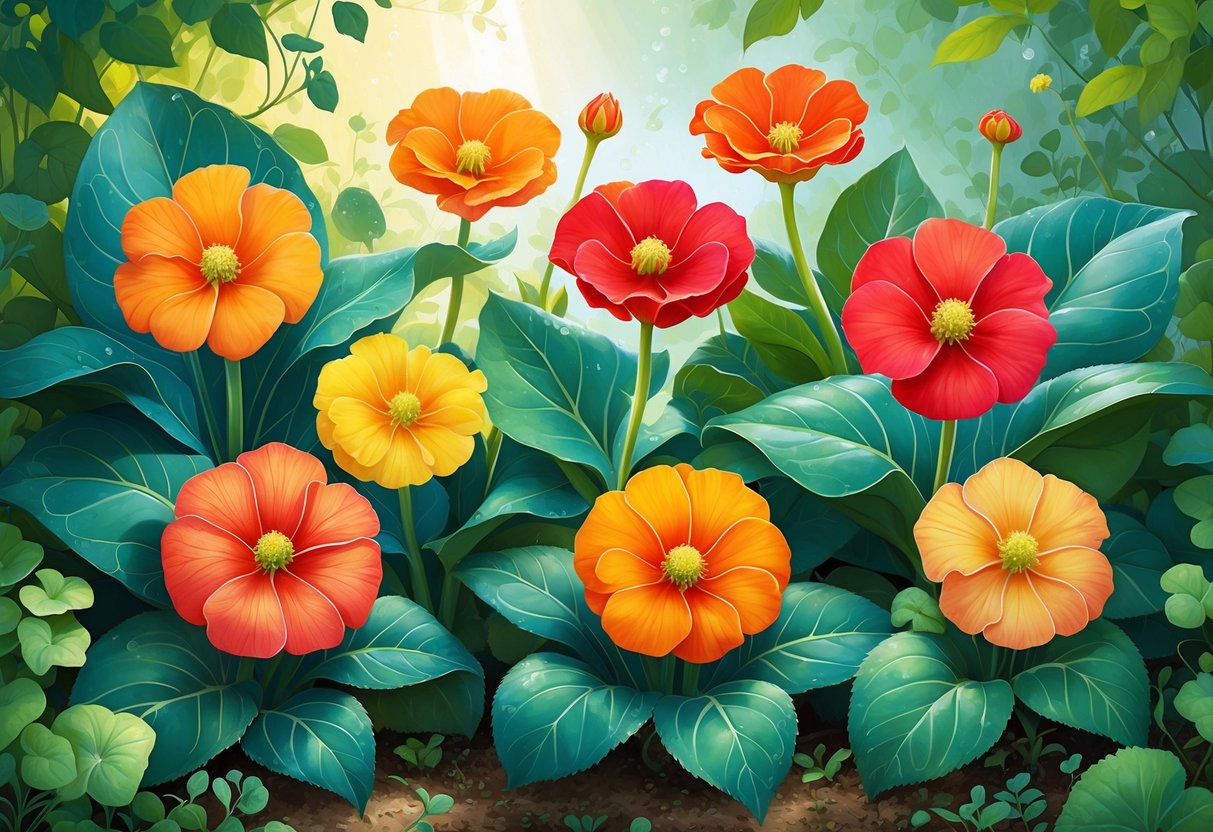 Eight bright orange and yellow garden nasturtium flowers with green round leaves in a natural garden setting.