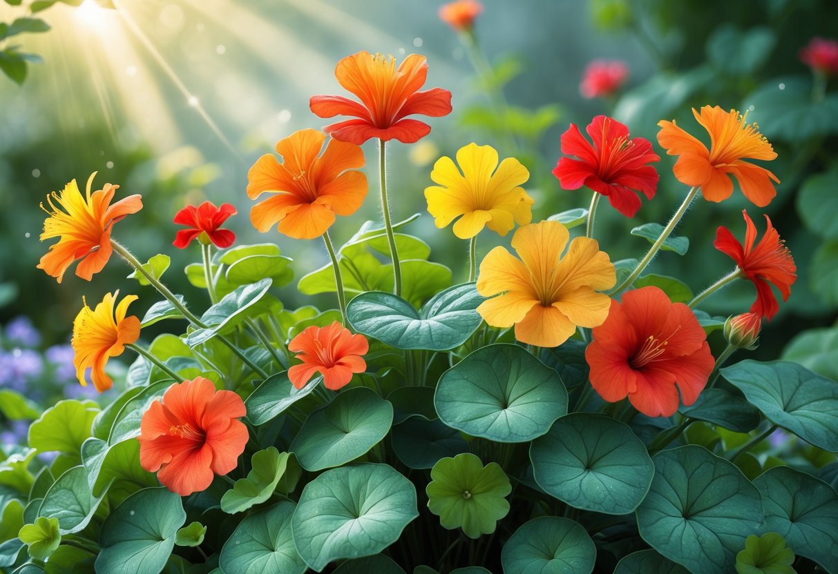 A close-up view of vibrant nasturtium flowers with green round leaves in a garden setting, illuminated by soft light and morning dew.