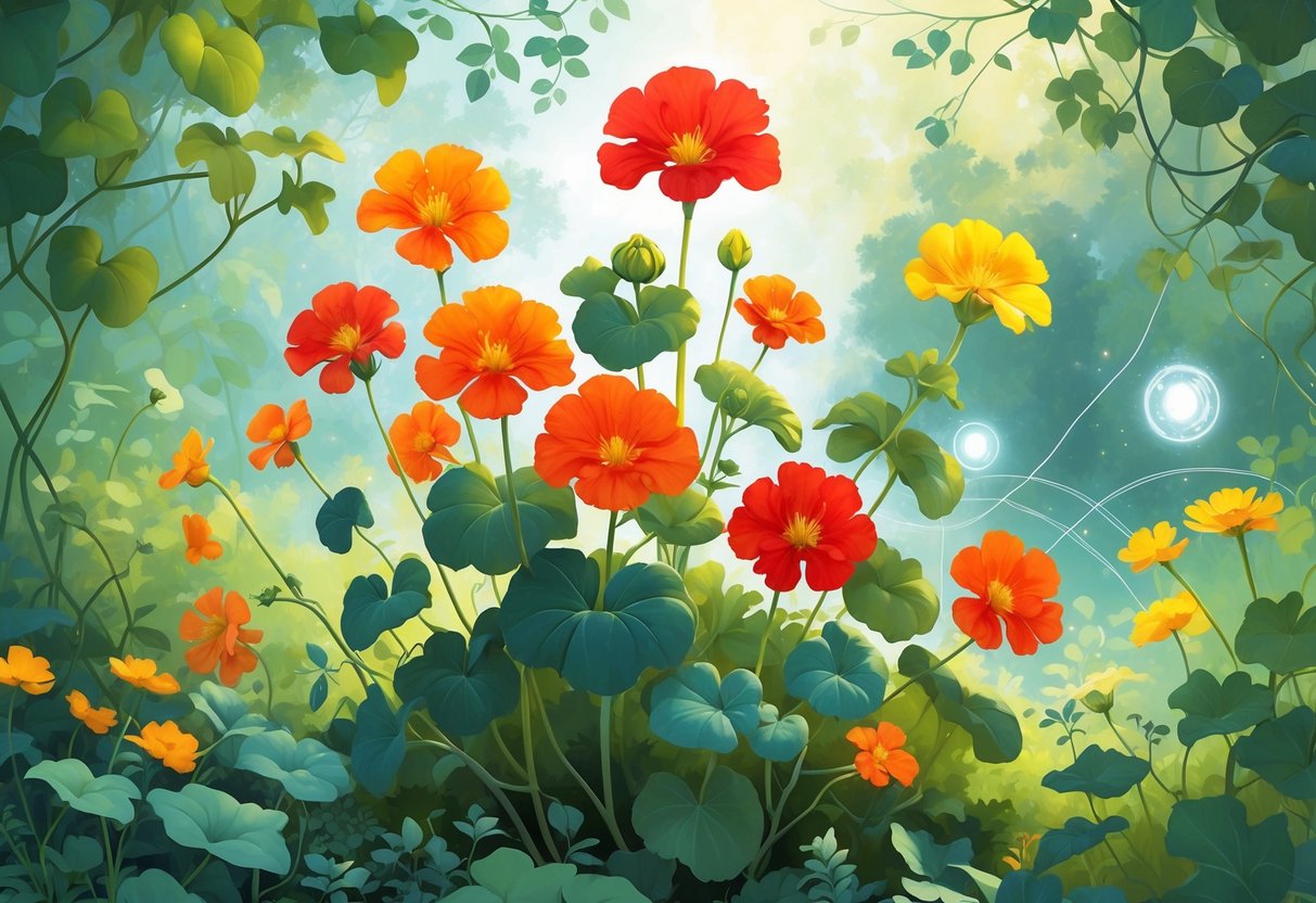 A garden scene with bright orange, red, and yellow nasturtium flowers surrounded by green leaves and soft glowing light, suggesting growth and connection.