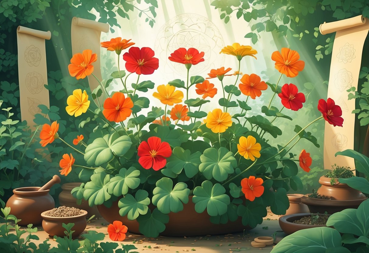 A garden scene featuring blooming nasturtium flowers with green leaves, surrounded by herbal jars, a mortar and pestle, and faint spiritual symbols in the background.