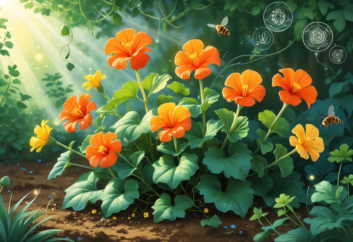 A garden scene with eight bright orange and yellow nasturtium flowers among green leaves, with soft light and small insects nearby.