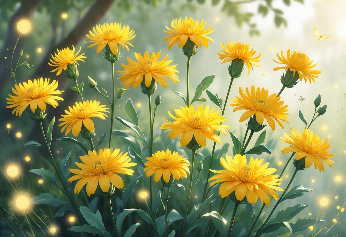 Nine goldenrod flowers with bright yellow petals and green stems arranged together with soft light and gentle mist around them.
