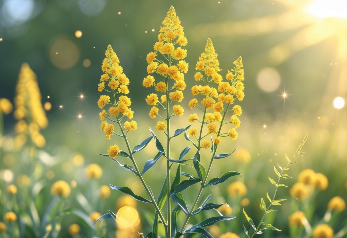 A detailed illustration of a goldenrod flower plant with bright yellow flowers and green leaves, surrounded by soft glowing light and gentle rays.