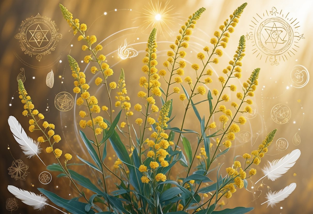 Goldenrod flowers surrounded by subtle spiritual symbols and natural elements, with warm light highlighting their cultural and spiritual significance.