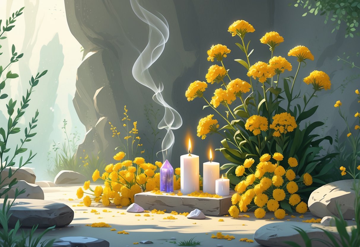 A peaceful scene showing goldenrod flowers arranged around a small altar with candles, crystals, and incense, creating a calm and spiritual atmosphere.