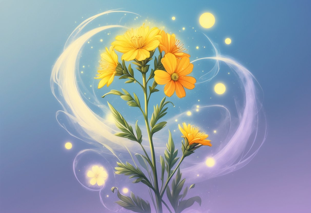 A goldenrod flower surrounded by glowing orbs and misty shapes against a soft blue and purple background.