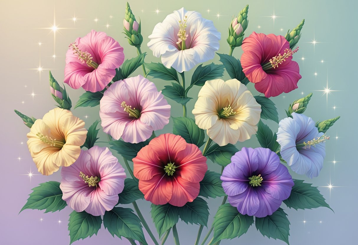 Eight colorful hollyhock flowers arranged together with green leaves and soft glowing light around them.