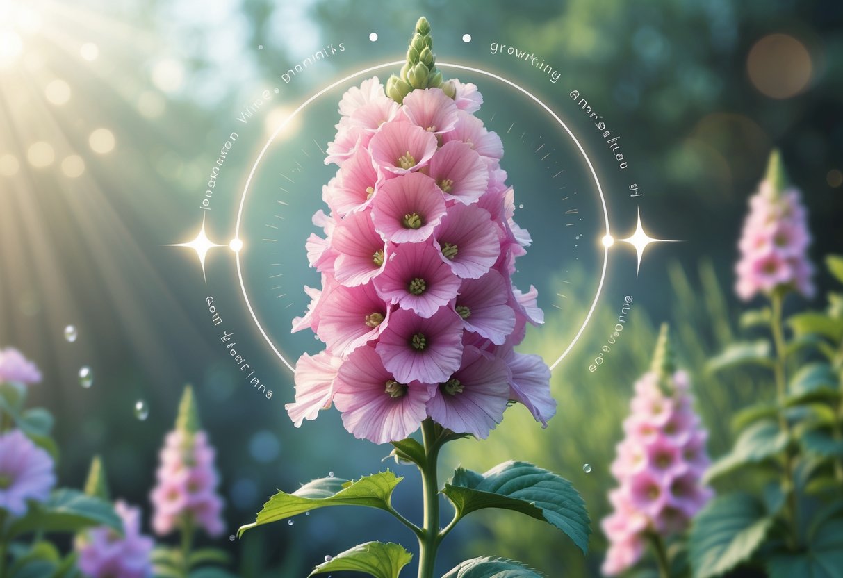 A vibrant hollyhock flower in full bloom surrounded by soft light and green foliage.