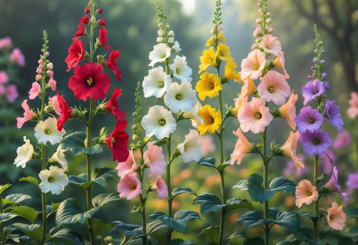 A variety of colorful hollyhock flowers in red, white, pink, yellow, purple, and peach growing together with green leaves in a garden setting.