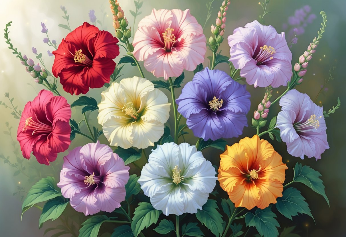 Eight colorful hollyhock flowers arranged in a circle, each with distinct vibrant colors and detailed petals, set against a soft natural background.