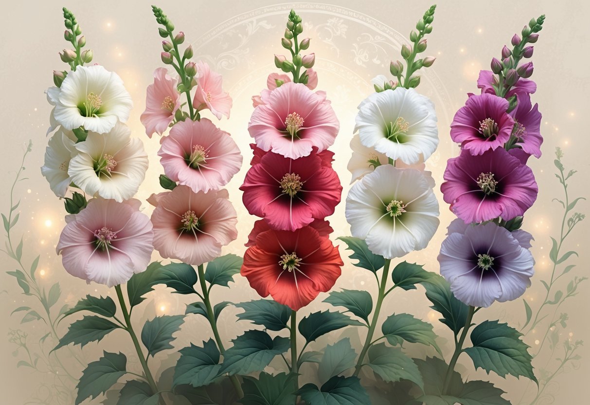 Eight colorful hollyhock flowers arranged together with soft glowing light, surrounded by subtle cultural patterns symbolizing spiritual significance.