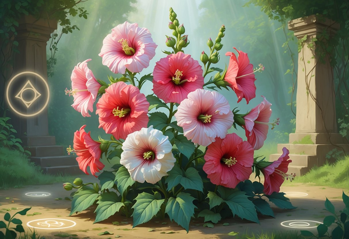 A cluster of blooming hollyhock flowers surrounded by soft glowing light and mystical symbols in a natural garden setting with ancient stone structures in the background.