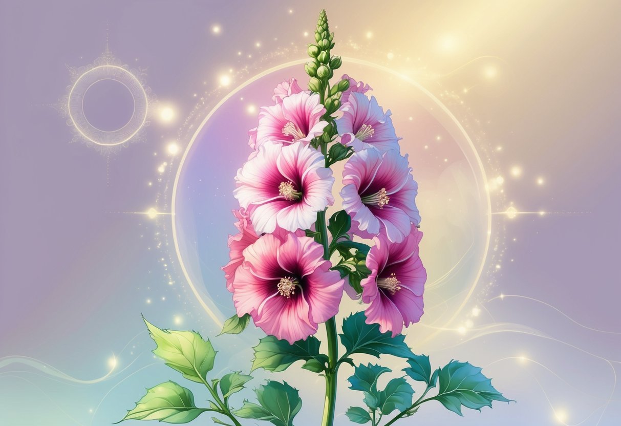 A vibrant hollyhock flower with pink and magenta petals surrounded by green leaves, glowing softly with spiritual light and symbols in a calm, pastel-colored background.