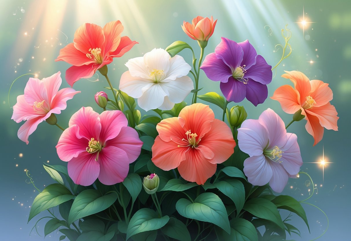 Six colorful impatiens flowers with green leaves arranged together, surrounded by soft light and natural elements suggesting a peaceful and spiritual setting.